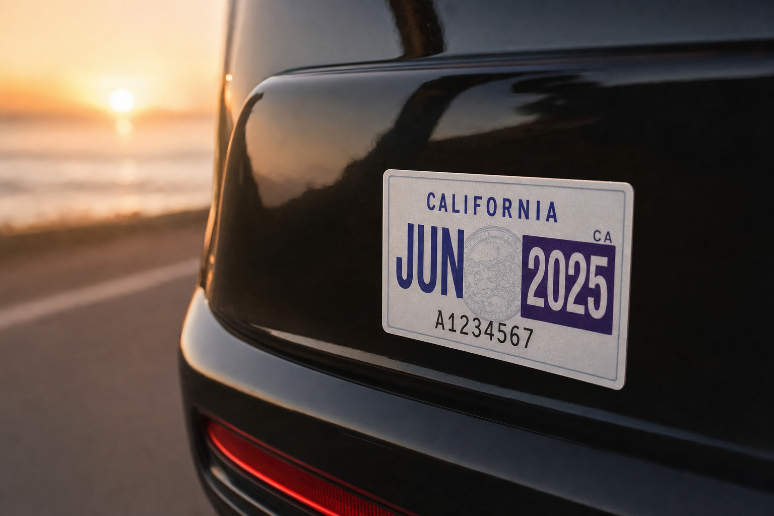 California registration sticker on a car bumper at sunset